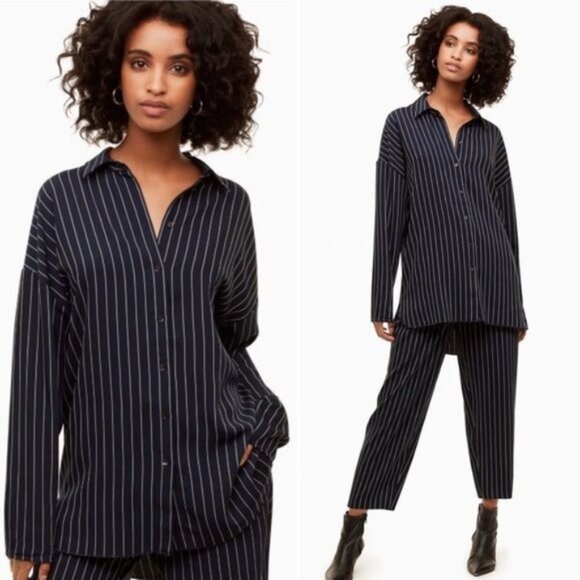 Aritzia Babaton Kearney Pinstripe Blouse Navy Women's Size Medium - Picture 10 of 13